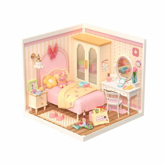 Rolife DIY Miniature Dollhouse Super Creator Lovely Pink Bedroom Plastic Building Set Toys Playset Gifts for Teens Adults