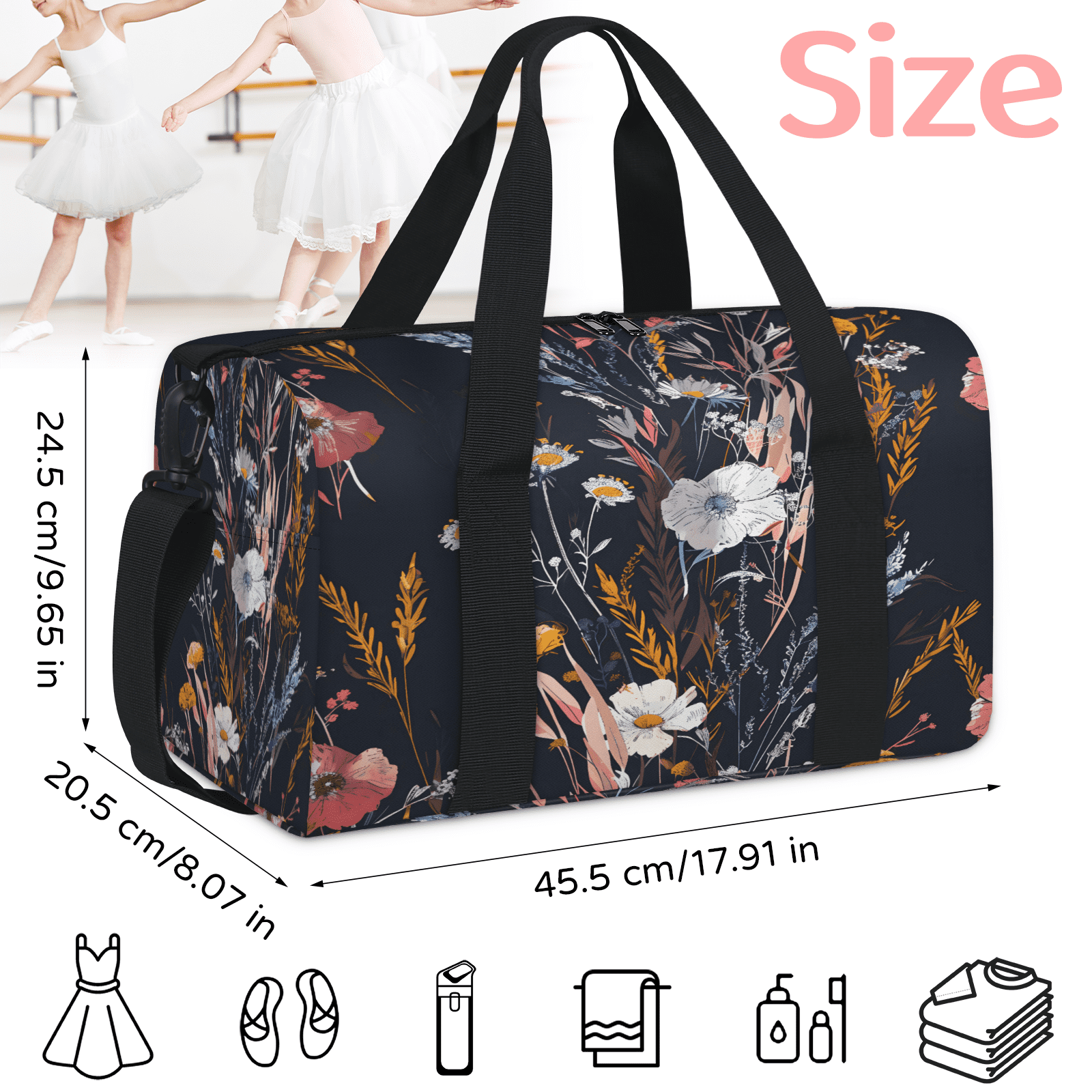 Herdesigns Wildflowers Plant Flower Floral Gym Bag for Women, Duffle Bag for Travel Sport, Lightweight Waterproof Carry on Weekender Overnight Dance Yoga Workout Bags
