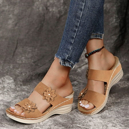 

LBS Slippers for Women Casual Roman Shoes Flowers Fish Mouth Boho Wedge Sandals