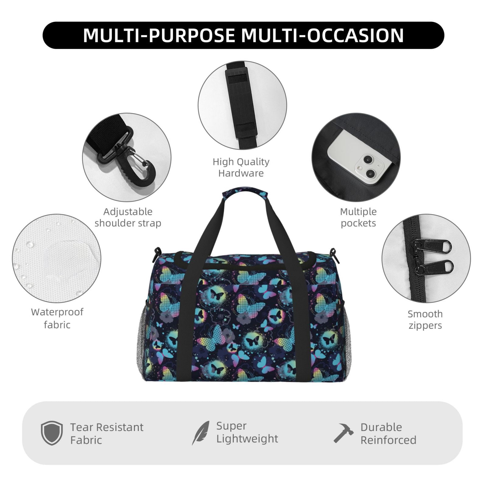 Fuzoiu Blue Butterfly Print Travel Duffle Bag,Carry On Tote Bags,Duffel Bag,Sport Gym Bag, Hospital Bag for Labor and Delivery, Overnight Bag,Luggage Bag