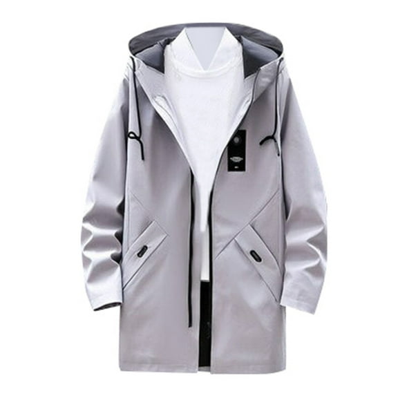 QHFBli Mens Long Trench Coat Men's Slim Fit Mid-Length Anorak Jacket Hooded Windproof Trench Coat for Grey XXXL