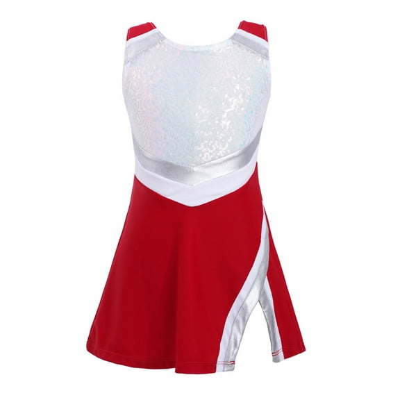 Yartina Kids Girls Cheer Leader Outfit Sequin Dance Dress with Shorts Cheer Uniform Christmas Party Red 6