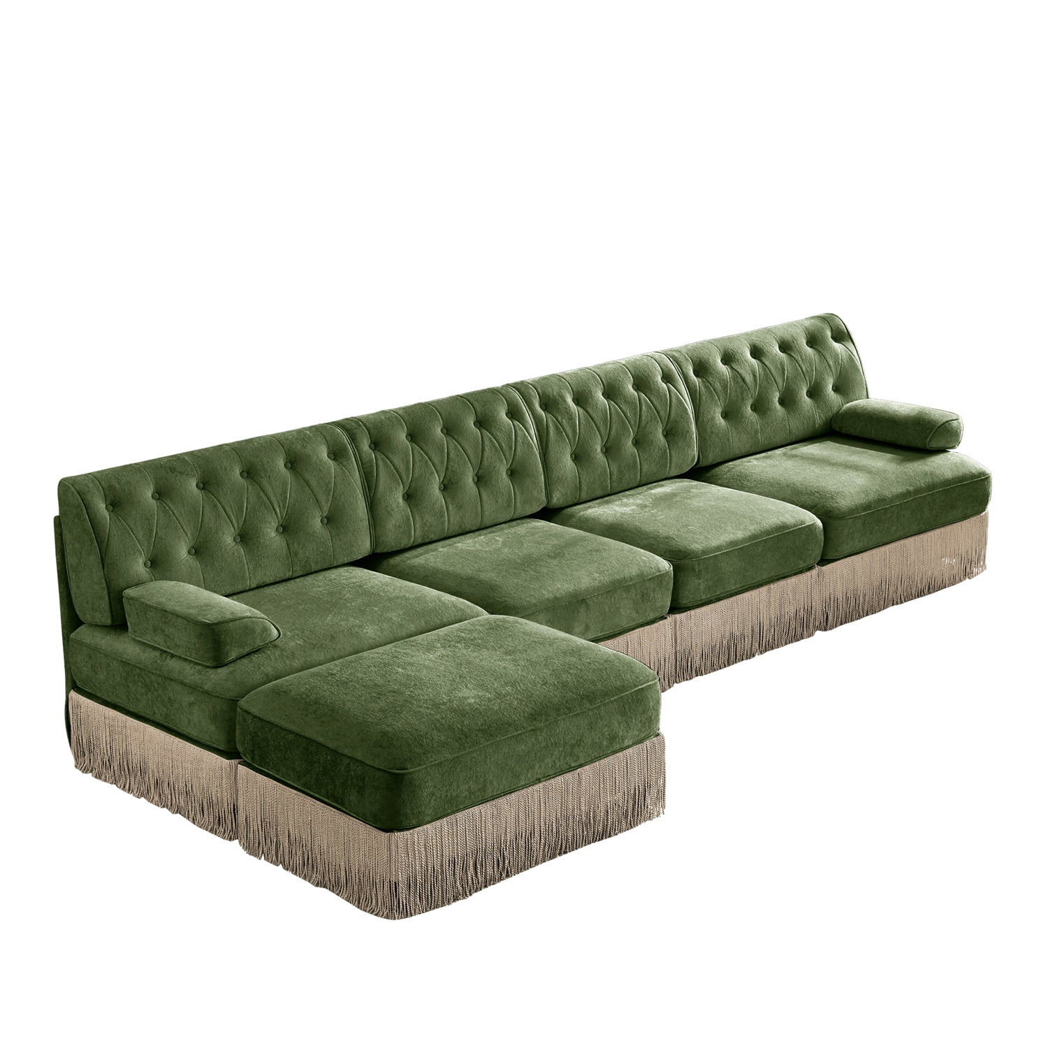 Hommoo 4-Seater Chesterfield Style Velvet Fabric L-Shaped Sectional Sofa, Tufted Button Upholstered Design and Floor-grazing Tassel, Free Combination Sofa Couch Set, for Home, Green
