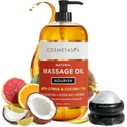 Cosmetasa Body Massage Oil with Citrus and Coconut Oils, Includes Massage Roller Ball, 8.8 fl oz