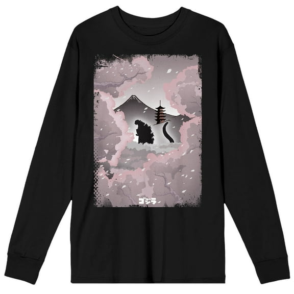 Godzilla Classic Monster Silhouette and Cherry Blossoms Across Mt. Fuji Adult Black Long Sleeve Tee-Medium