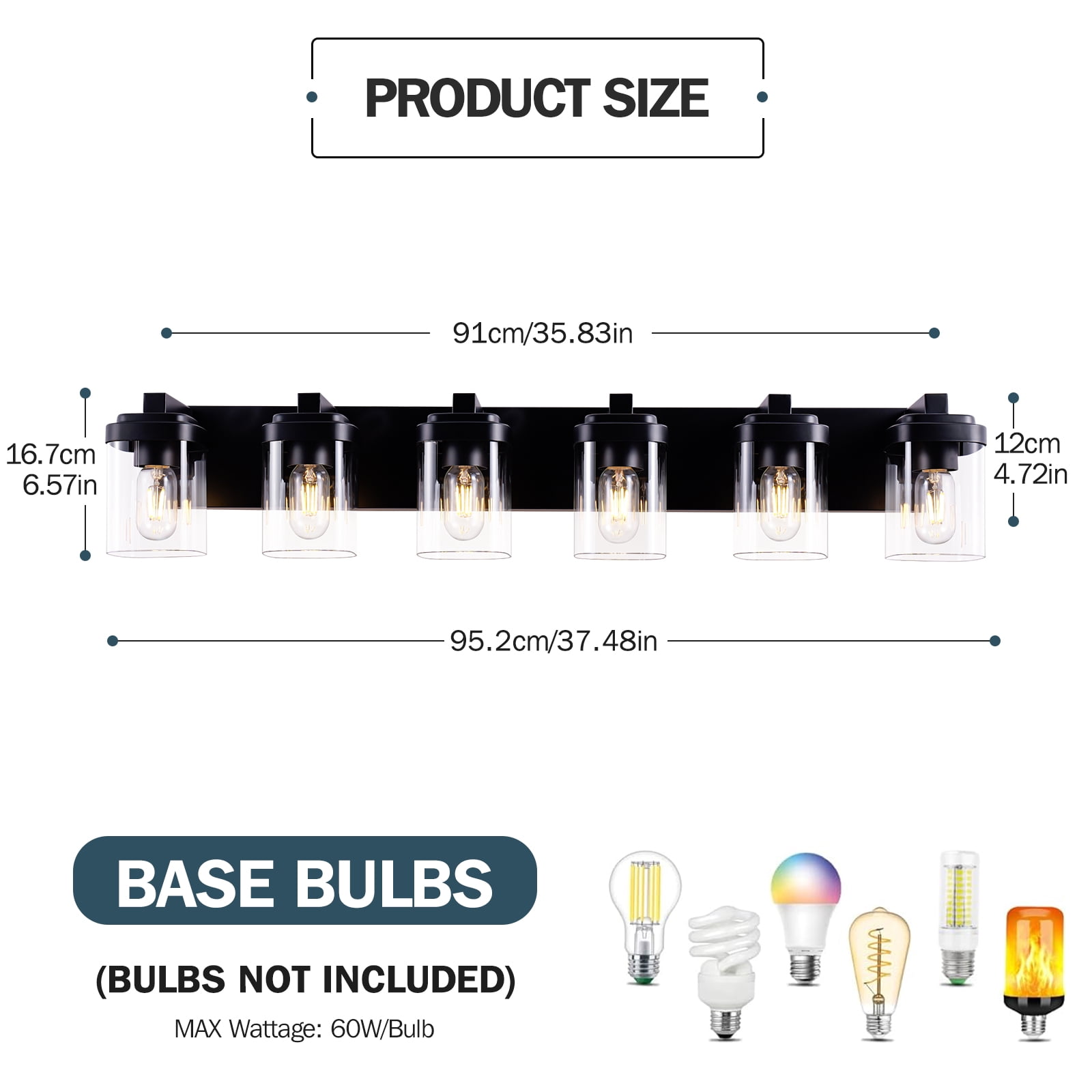6 Light Bathroom Vanity Light, Matte Black Bathroom Light Fixtures with Clear Glass Shade, Vanity Light Fixtures Over Mirror for Bedroom Living Room(NO BULBS)
