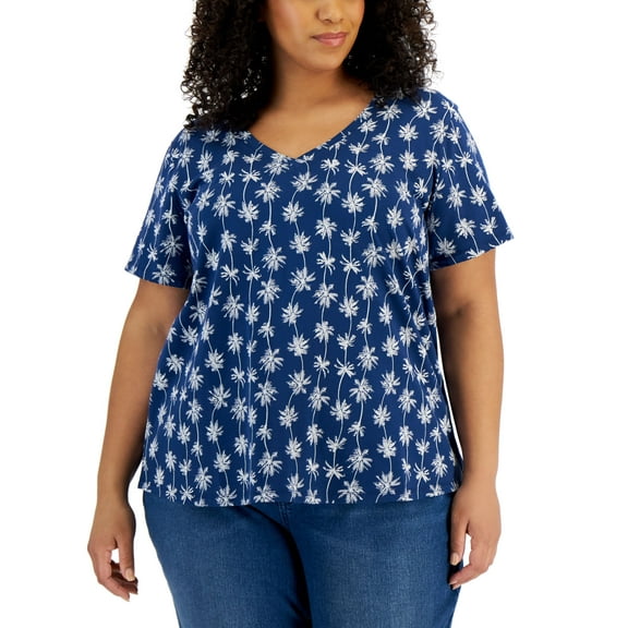 Style & Co Plus Size Cotton V Neck T-Shirt Palm Blue 2X