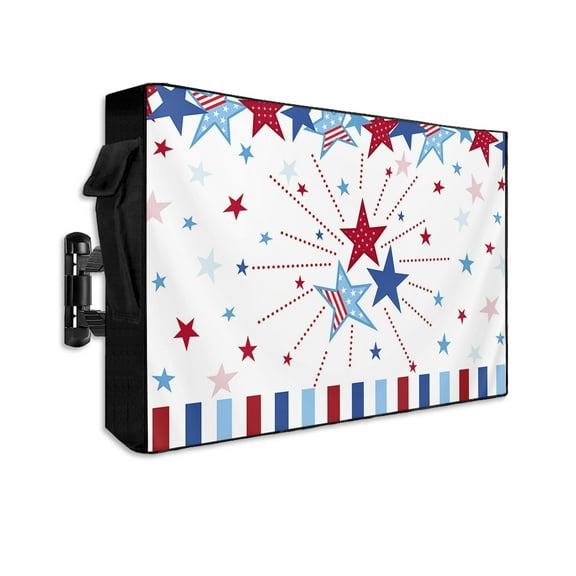 4th of July Outdoor TV Cover 52 to 55 Inch Weatherproof, Independence Day Blue Red Star Striped 600D Oxford TV Covers with Waterproof Zipper, Outside Flat TV Screen Protector Size 52"W x 19"H x 4.5"D