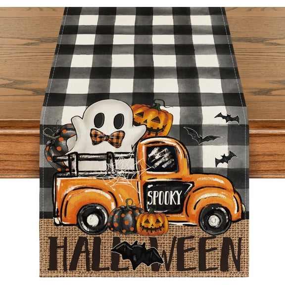 SM-XLHN Buffalo Plaid Bat Pumpkin Ghost Truck Spooky Halloween Table Runner, Sensonal Kitchen Dining Table Decor for Home Party 13 x 72 Inch