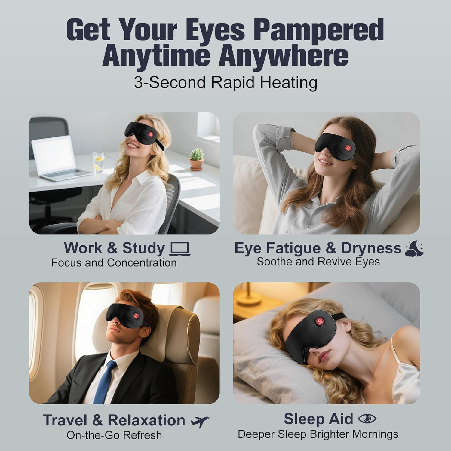 Heated Eye Mask for Dry Eyes, Cordless Rechargeable Warm Eye Compress with 3 Heat Settings, Heating Pad for Stye Eye, Washable Cover, Cordless Design for Travel & Night Use