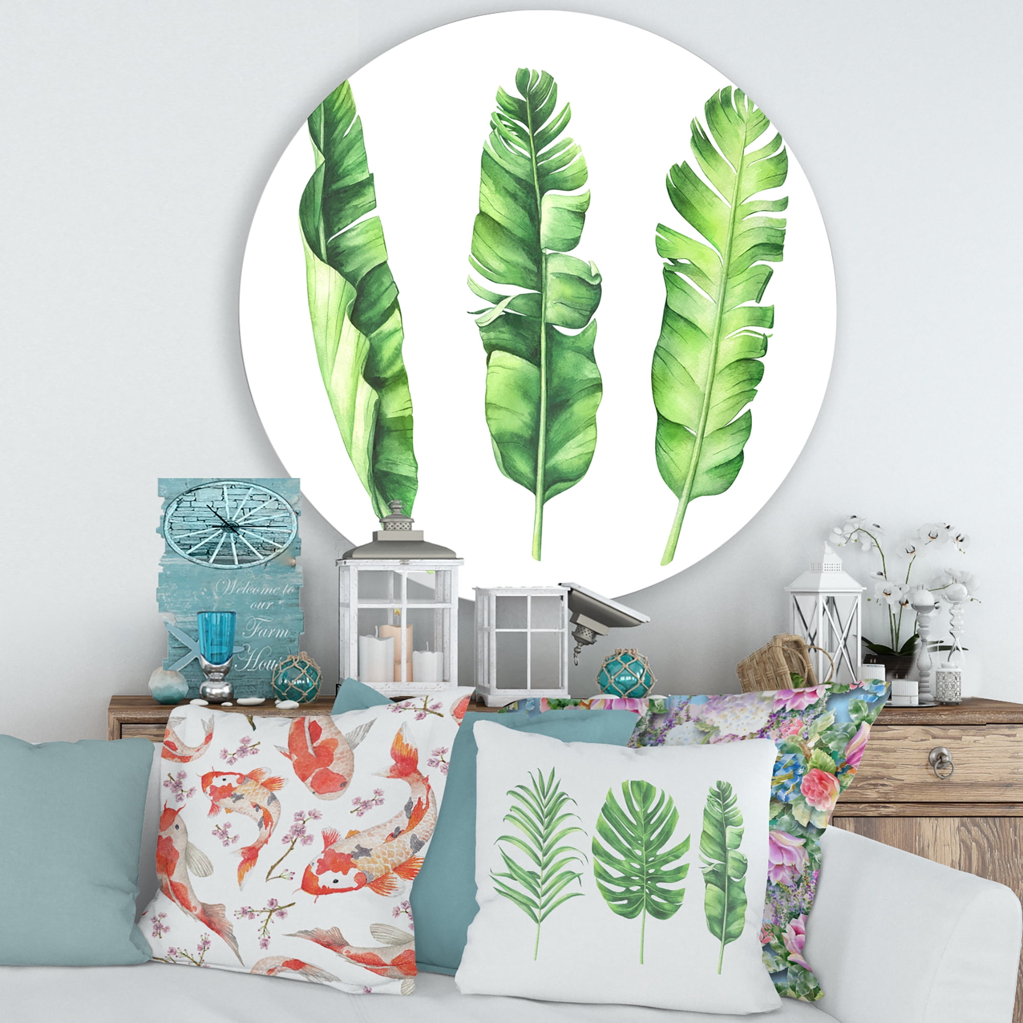 Designart 'Tropical Banana Leaves Set On White' Farmhouse Circle Metal Wall Art 29x29 - Disc of 29