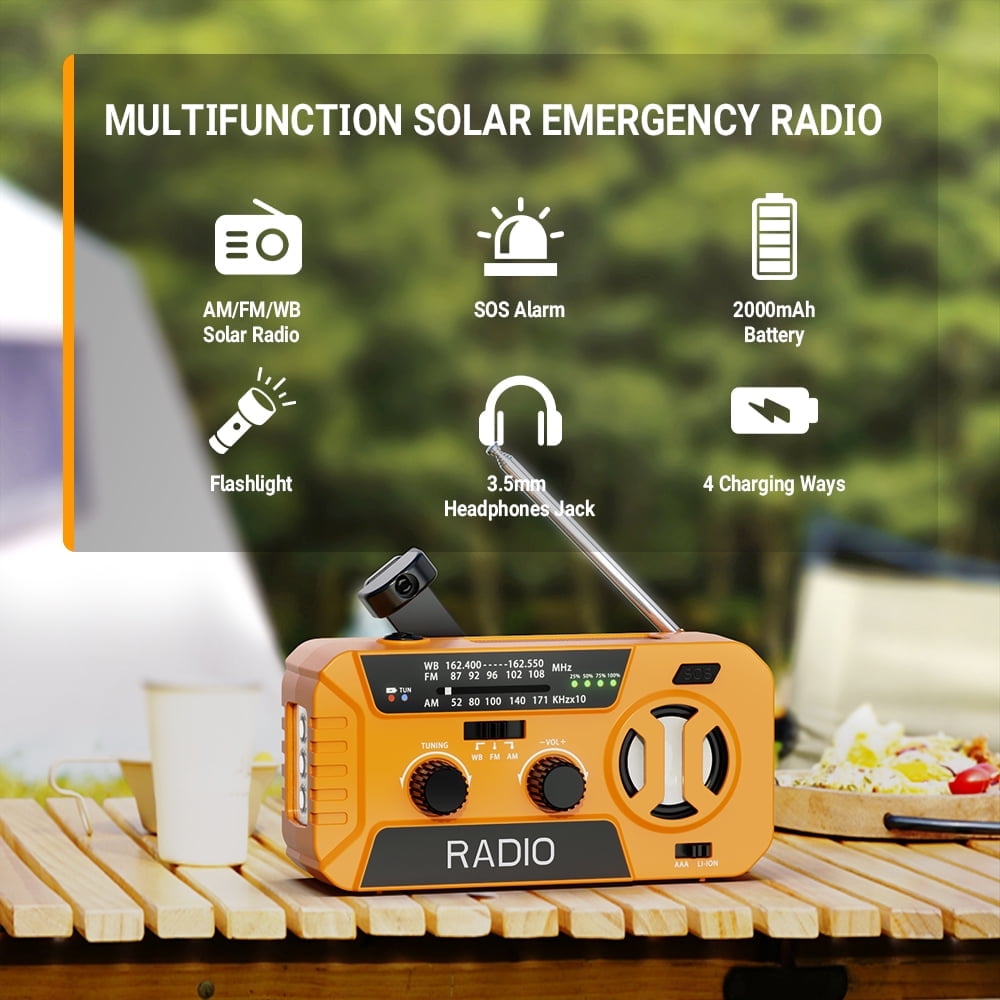 Emergency Weather Radio - AM/FM/NOAA Hand Crank Radio , 2000mAh Portable Solar Power Bank, Multi-Function Flashlight & SOS Alarm for Outdoor Indoor Emergencies (Orange)