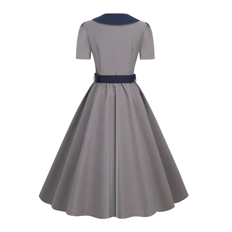 grey 1950s dress Grey 1950s Plaid Tie Neck Vintage Big Swing Dress – PollyBoutique main image 0