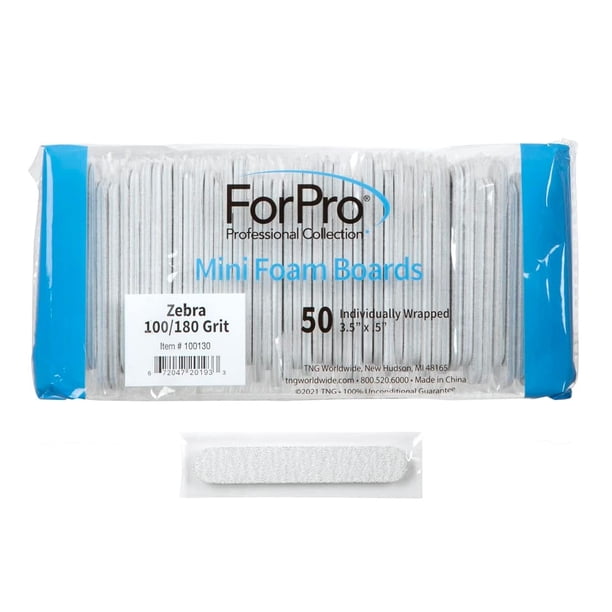 ForPro Professional Collection Mini tabla de espuma Zebra, grano 100/180, lima de uñas de manicura de doble cara, envuelta individualmente, 3,5 largo x 0,5 ancho, 50 unidades