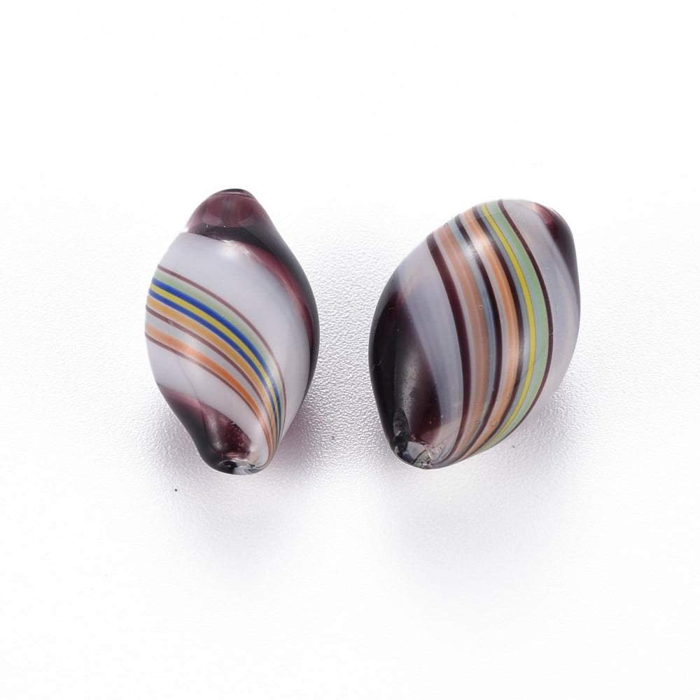 Transparent Handmade Blown Glass Globe Beads Stripe Pattern Oval Coconut Brown 17~18x10~12mm Hole: 1~2mm 50pc