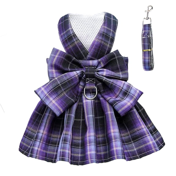 Plaid Dog Dress Harness and Leash, Puppy Dresses for Small Medium Dogs Female, Adjustable Doggie Summer Dresses, Yorkie Chihuahua Dog Clothes Girl, Pet Apparel for Cats