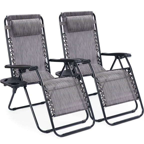 SHOUFTW 2PCS Zero Gravity Recliner, Folding Outdoor Lounge Chair Set with Lockable System, Adjustable Pillow & Cup Tray for Patio Garden Beach, Gray
