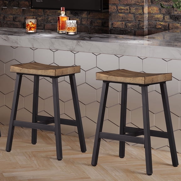 MIITODAY Bar Stools Set of 2, Backless Saddle Barstools, 25" Solid Wood Counter Height Kitchen Island Bar Stool, Wooden Seat with Black Metal Frame
