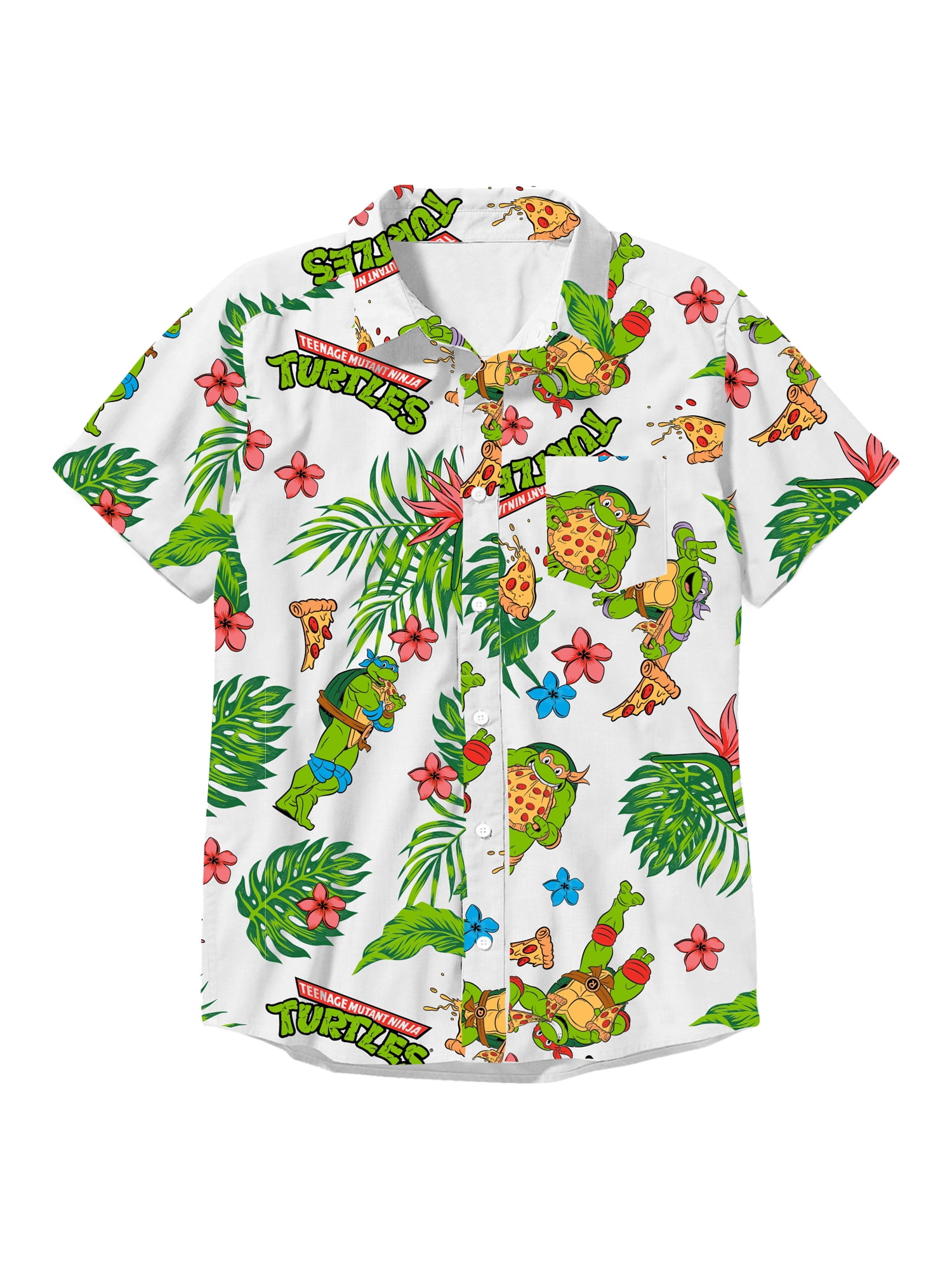 Teenage Mutant Ninja Turtles Boys Pizza Graphic Button-Up Cotton Tee with Short Sleeves, Sizes XS-2XL