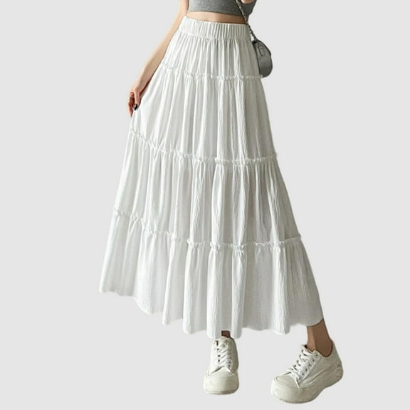 Long Skirts for Women Boho Maxi Skirt Swing Tiered A-Line Dress (White S)