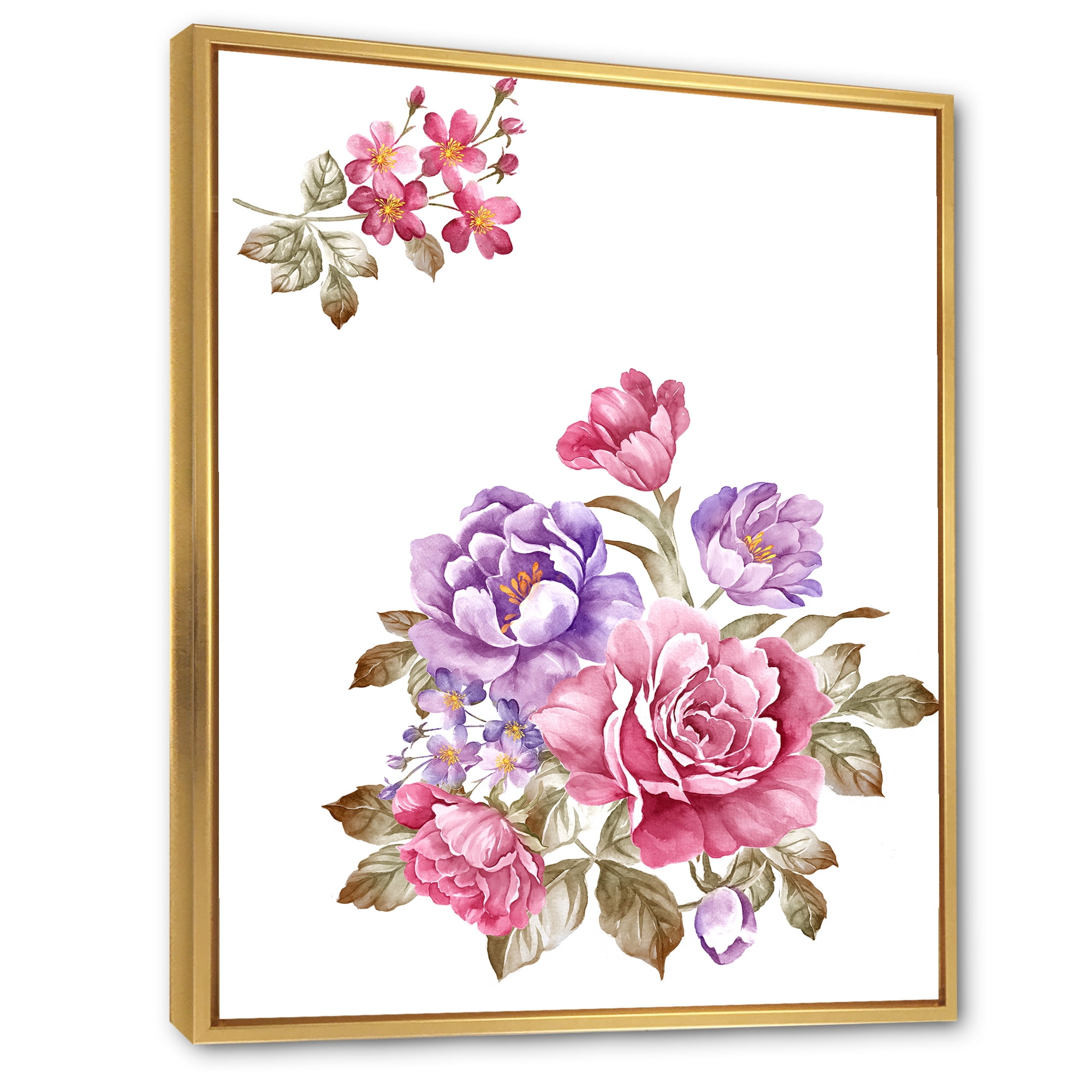 Designart 'Bouquet of Purple and Pink Flowers I' Farmhouse Framed Canvas Wall Art Print