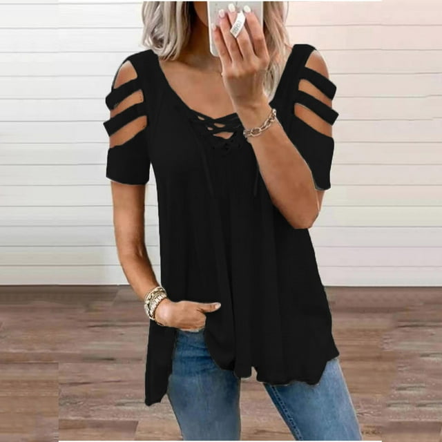Pxiakgy T-Shirts pour Femmes Col en V Fermeture Éclair Manches Courtes Blouse Décontractée Noire + TG