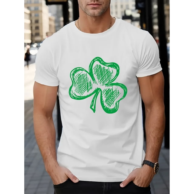 Men'S Casual Crew Neck T-Shirt with Clover Print, Soft Knit Fabric with Slight Stretch, Regular Fit