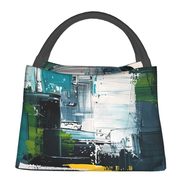 Easygdp Abstract Brushstrokes Green Blue Bolsa de Almuerzo Insulada Reutilizable, Bolsa de Mano y Bandolera para Oficina, Trabajo, Viajes