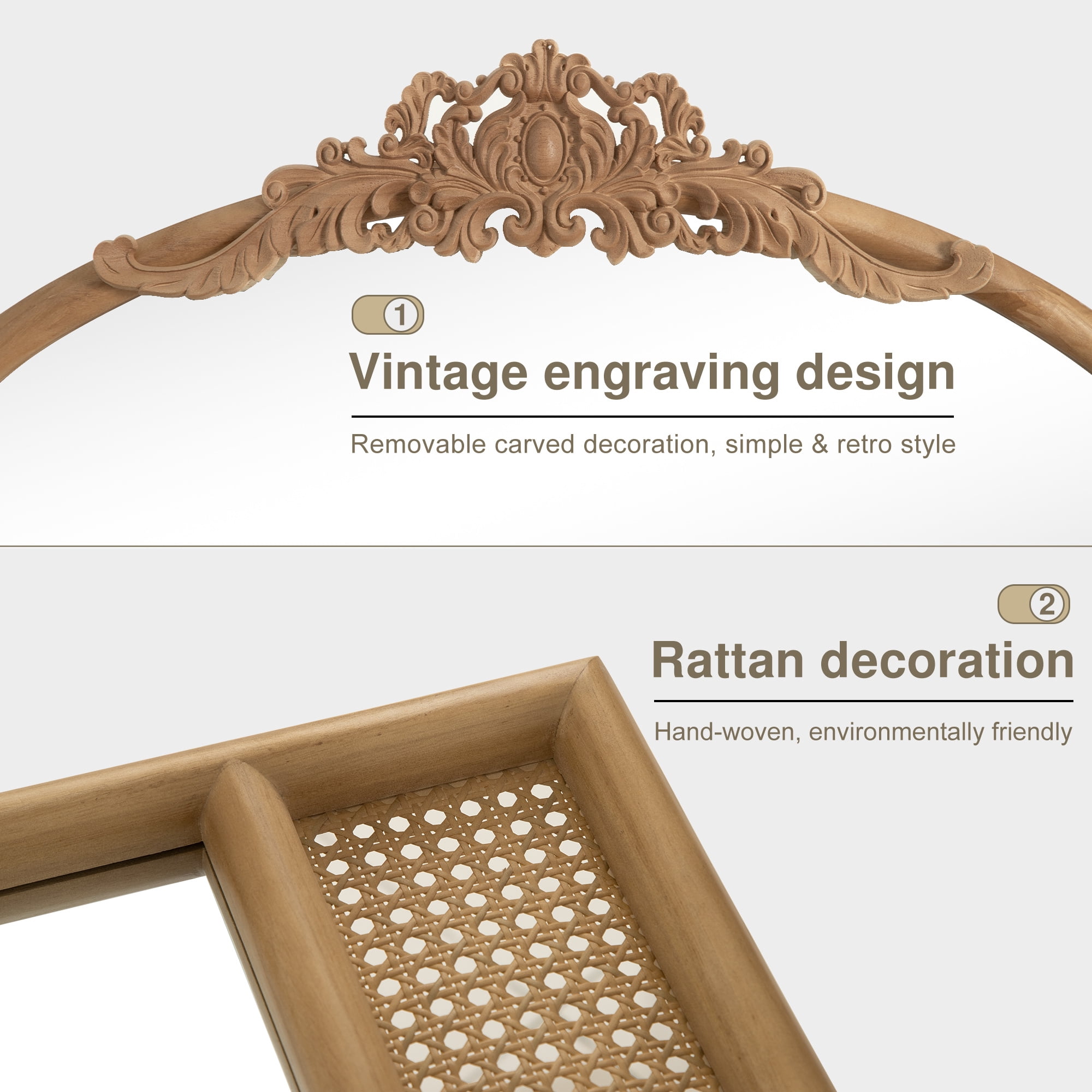 36"x24" Wood Rattan Wall Mirror Carved Arched Mirror,Natural