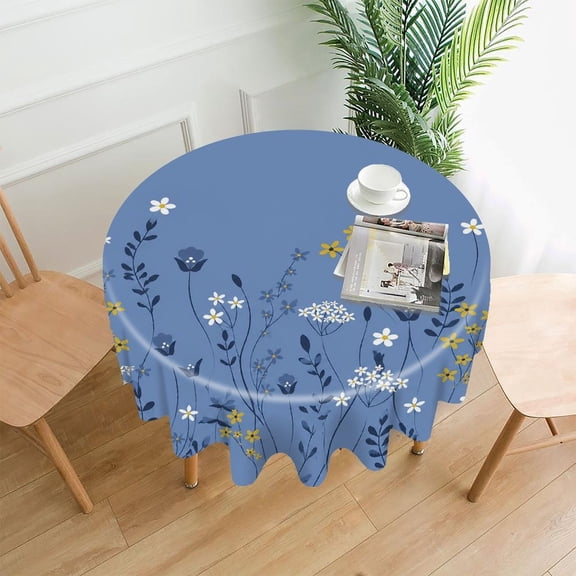 RKSupls 60 Inch Round Tablecloth, Blue Meadow Flowers Premium Polyester Straight Edge Wrinkle Resistant Washable Table Cover for Party Home Dining Decor