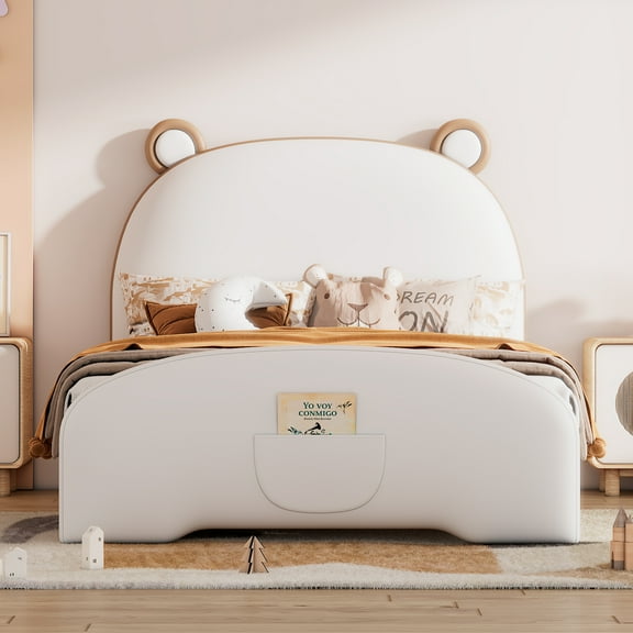 Cosymart Twin Size Upholstered Platform Bed with Bear-shaped Headboard and Footboard,White Brown
