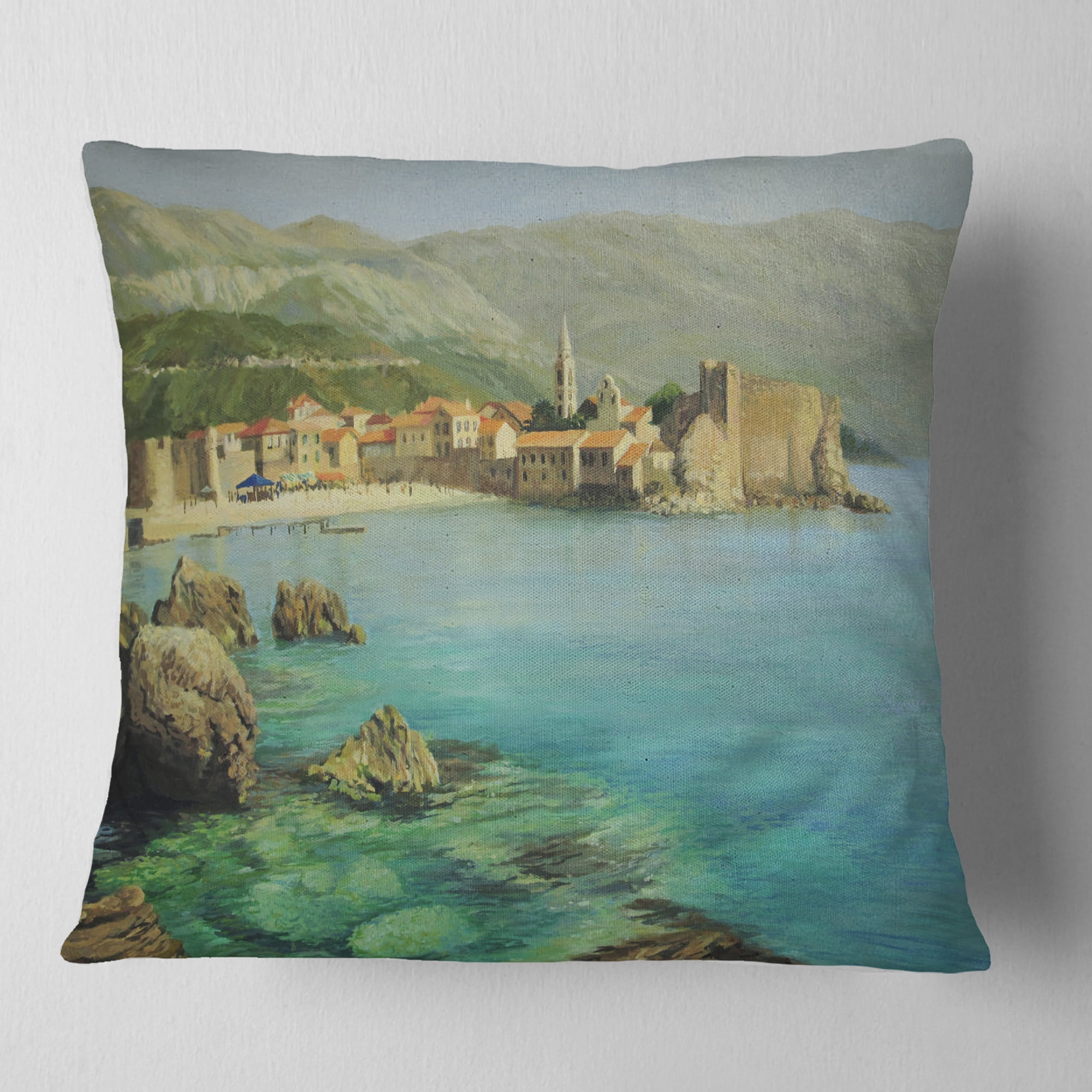 Designart Bay Near Old Budva - Landscape Painting Throw Pillow - 18x18