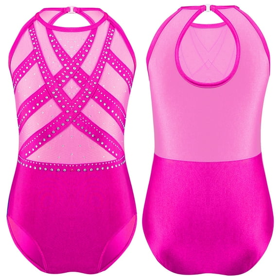 TiaoBug Kids Girls Gymnastics Leotards Sleeveless Shiny Ballet Dance Performance Biketard Tumbling Jumpsuit Hot Pink 10