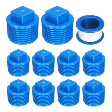 10Pack 1 Inch PT Male Thread Pipe Fitting Plug, Cleanout Plugs, Water Drain End Caps Coupling Adapter with Tape for Water Heater Supply Lines, Plumbing, Blue