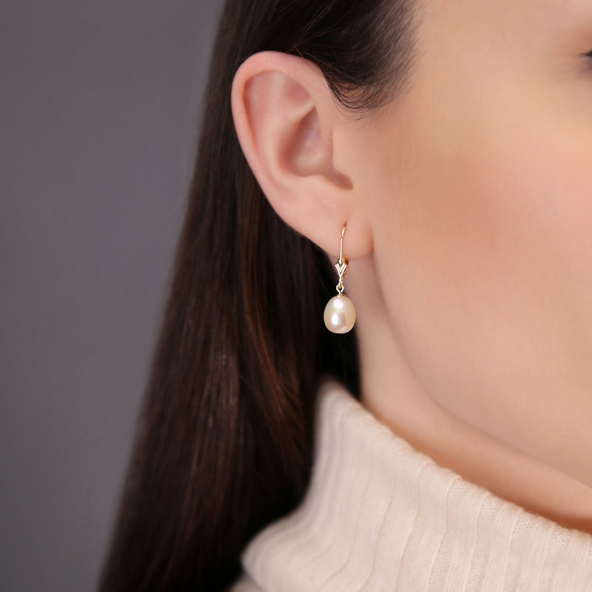 Tilo Jewelry 14K Yellow Gold 8.5-9mm White Freshwater Pearl Drop Earrings with Secure Leaver-Backs | Handmade Fancy Earrings for Women & Unisex