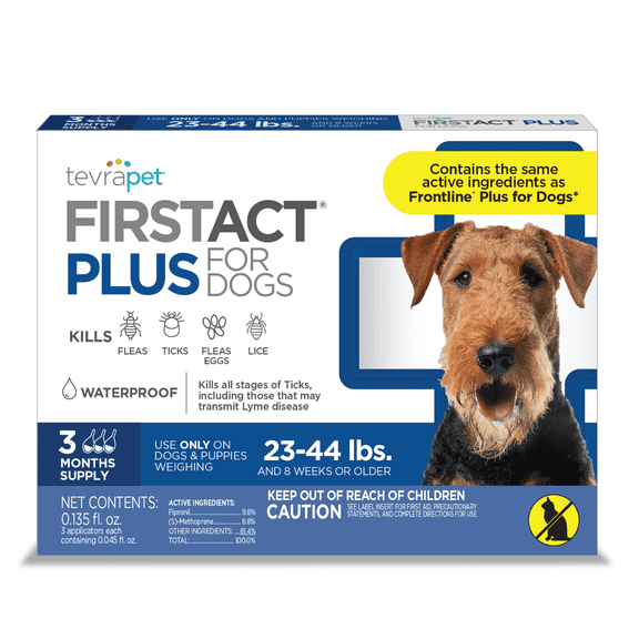 TevraPet FirstAct Plus Flea and Tick Prevention for Medium Dogs 23-44 lbs, 3 Monthly Doses, Topical Drops