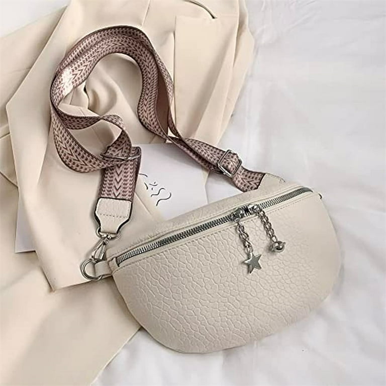 Women's Stylish Crossbody Bag Women's Wide Strap PU Leather Chest Women's  Bag with 2 Interchangeable Wide Hip Straps and Wide Shoulder Straps, White