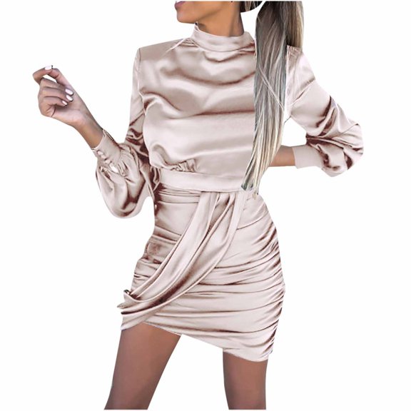 Womens Casual Buttocks Round Neck Solid Long Leeve Mini Dress Summer Boho Floral Sundresses Wedding Guest Graduation Prom Bodycon Cocktail Dresses A516-3435