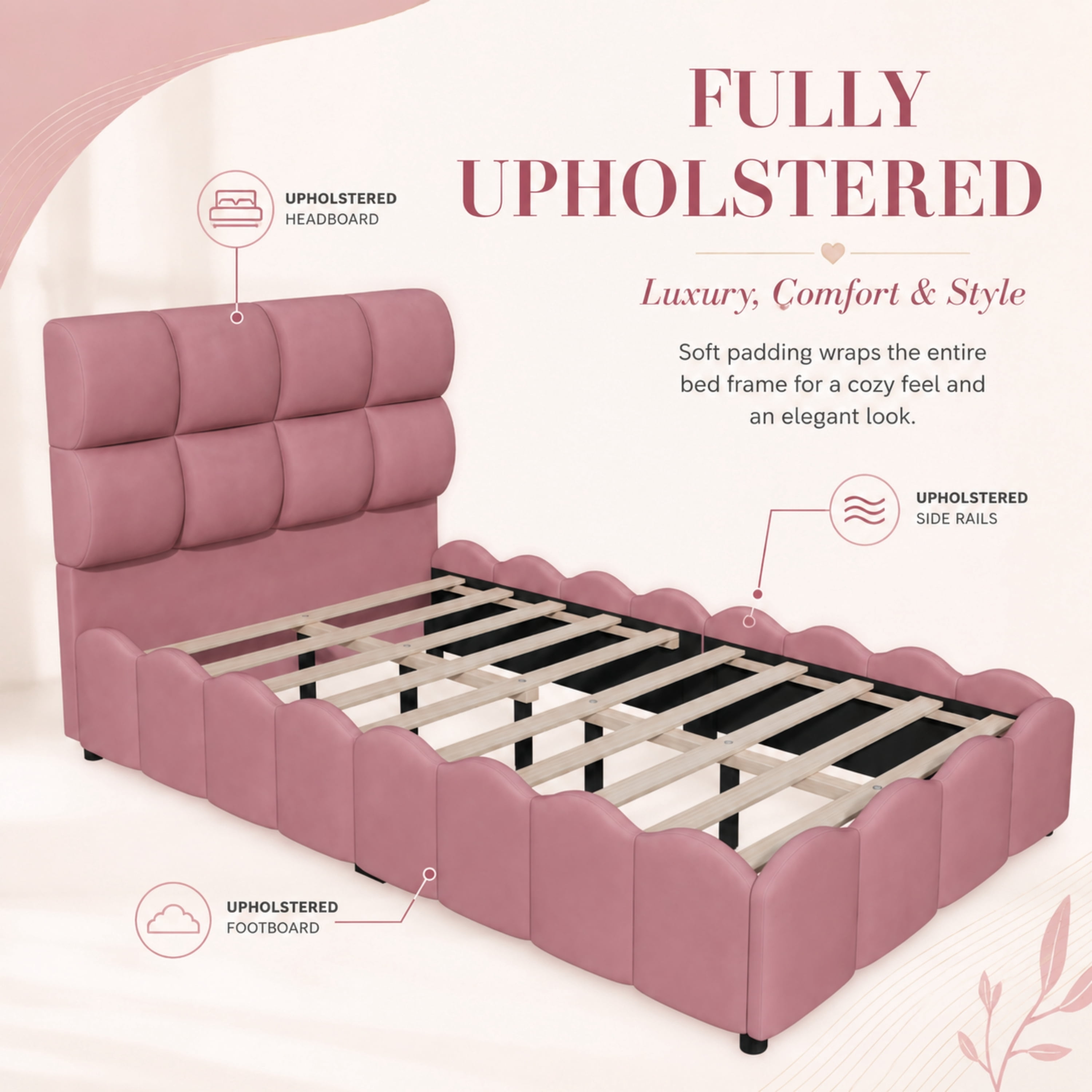 Euroco Upholstery Velvet Twin Size Platform Bed with Tall Panel Headboard, No Box Spring Needed, Pink