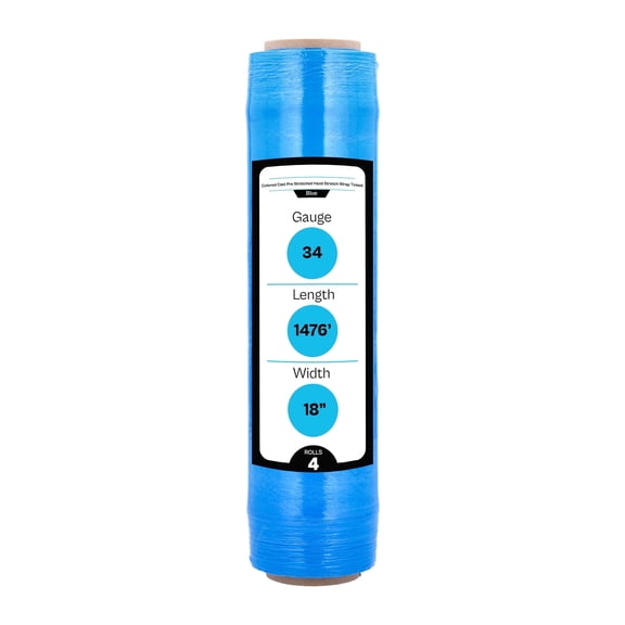 MMBM Blue Opaque Hand Wrap 17" x 1476' 4 Rolls, 34 Gauge Pre-Stretched Film for Pallet Wrapping & Packing