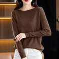 thumbnail image 3 of Fiaer Women Knit Sweaters Crew Neck Long Sleeve Solid Color Breathable Comfort Loose Fit Lightweight Tops Brown S, 3 of 3