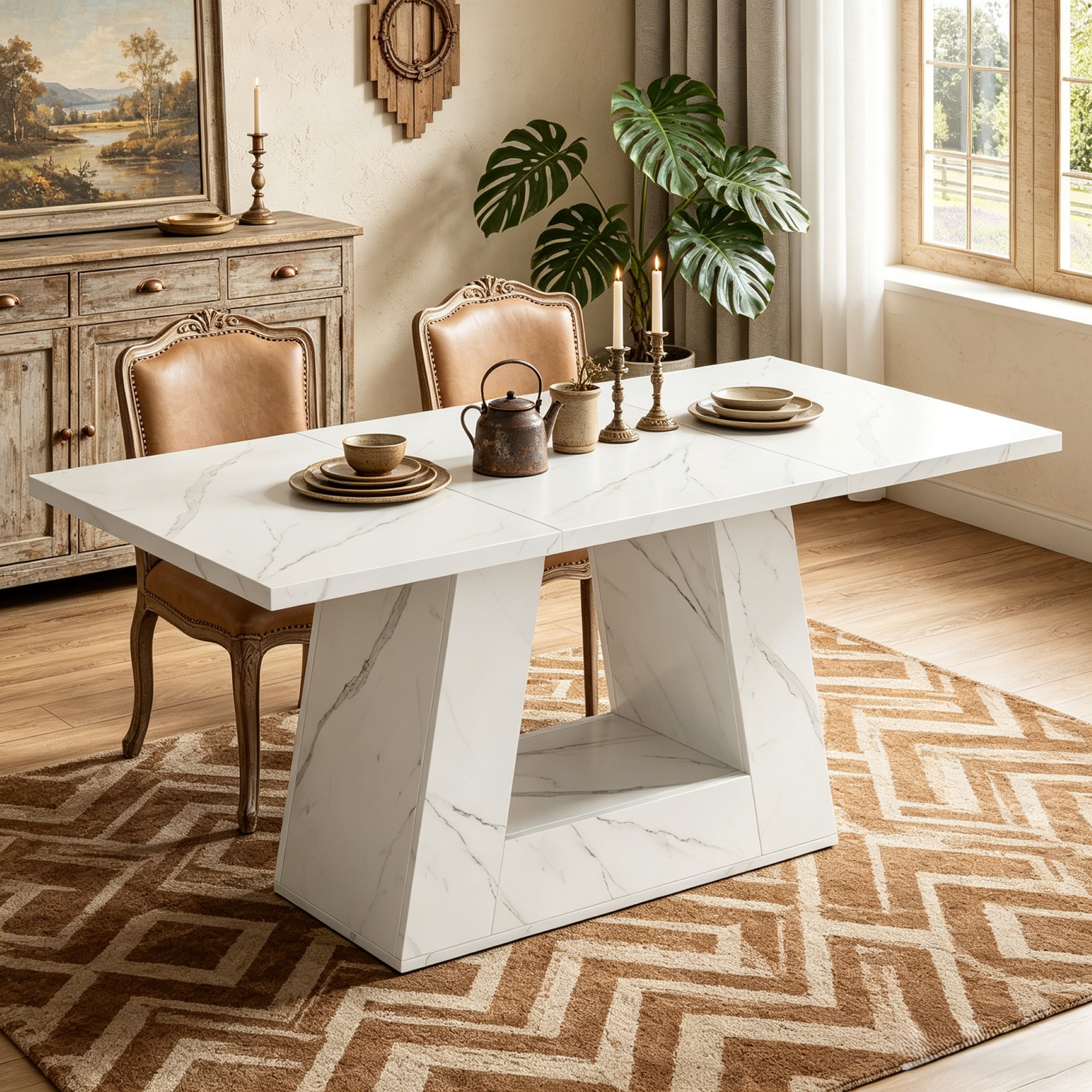 Fnova 63" Modern Long Dining Table for 6 people, Rectangular Geometric Artificial Marble Kitchen Table for Dining Room, White