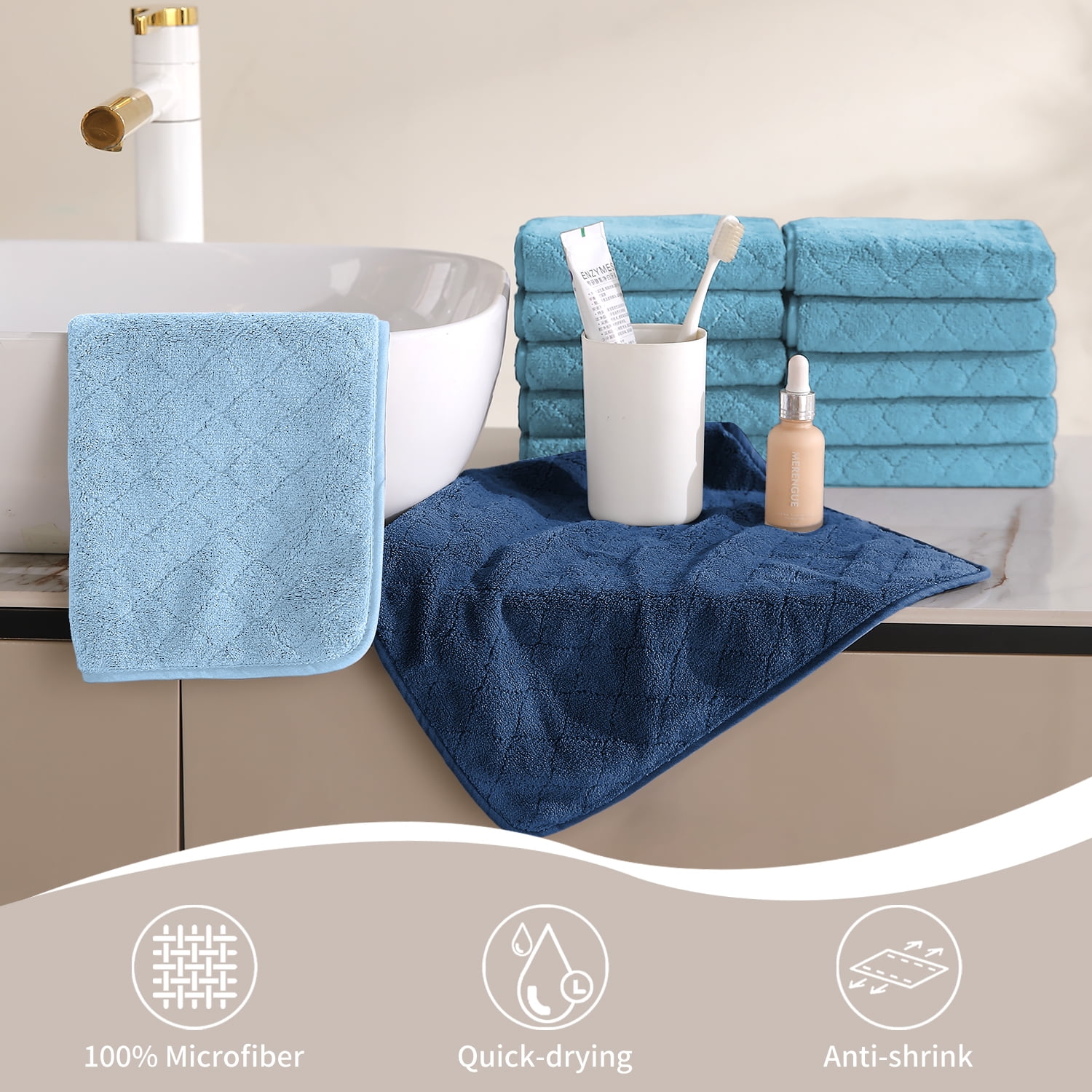 Jessy Home 12 Pack Blue Navy Turquoise Washcloths for Bathroom 13"x13" Ultra Soft Hand Face Towels