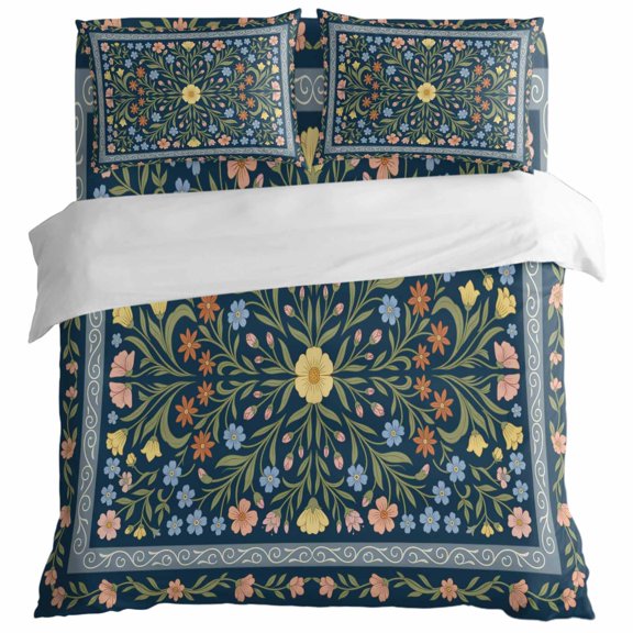 Flowers Symmetric Pattern Full Size Bed Set,Vine Border Bohemian Style Bedding for All Seasons,4 Pcs Bed Set,1 Quiltcover (86"x90"),1 Sheet (81"x96"),2 Pillowcases (20"x30")
