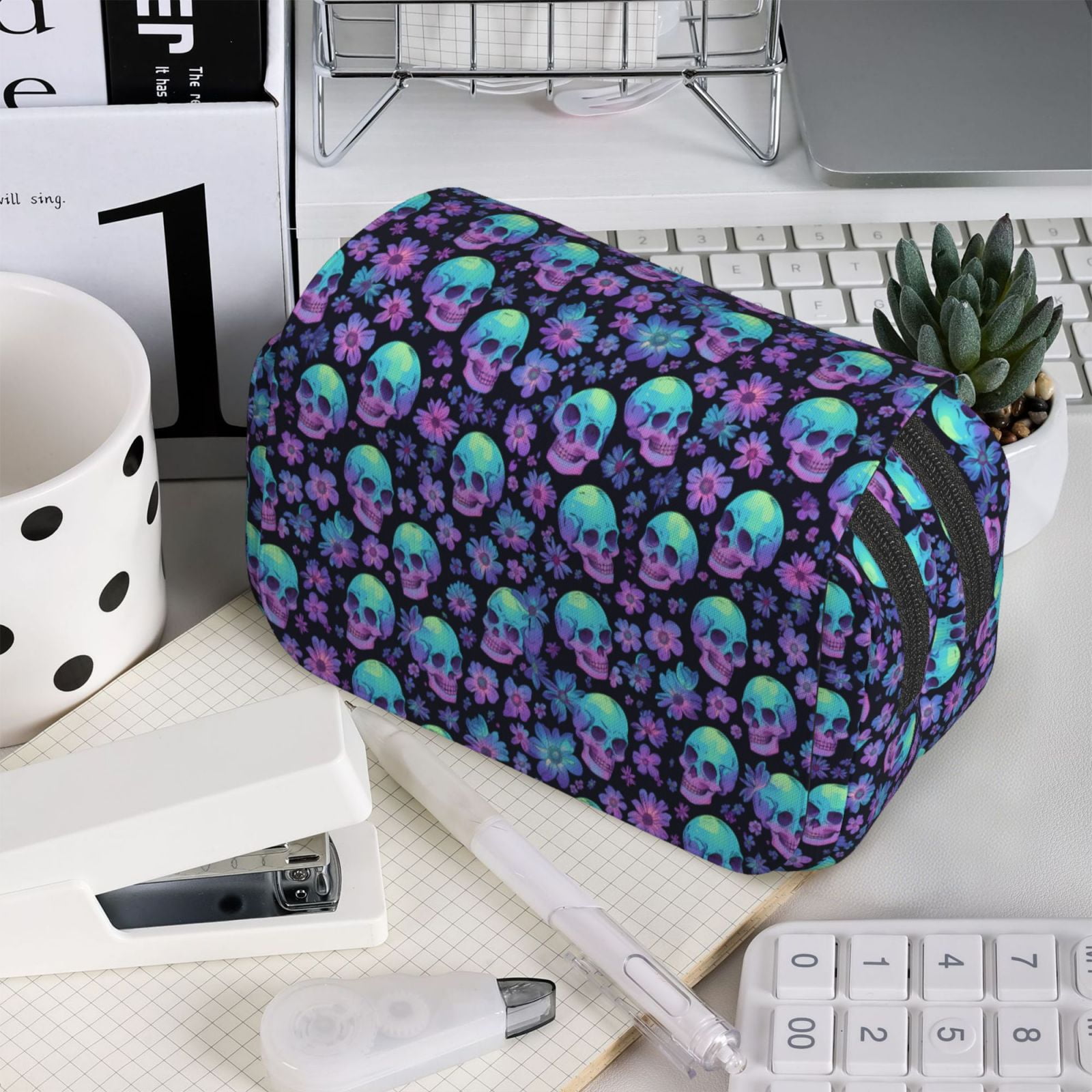 Rateoe Skull daisy Gradient Pattern Double Clamshell Pen Case, Storage Organizer with Two Zipper Compartments– Holds Up to 50 Pencils & Pens