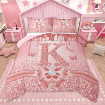 Manfei Letter Monogrammed K 3 Pieces Queen Comforter Set for Kids Children Girls,Dreamy Princess Ultra Soft Bedding Sets,Cute Butterfly Bowknot Bedding Comforter Set,Bling Glitter Decor