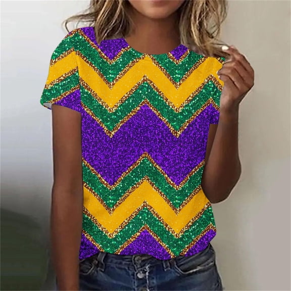Aobny Mardi Gras Graphic Shirts Carnival Womens T Shirt Purple Short Sleeve Pullover Crew Neck Womens Blouses Dressy,L