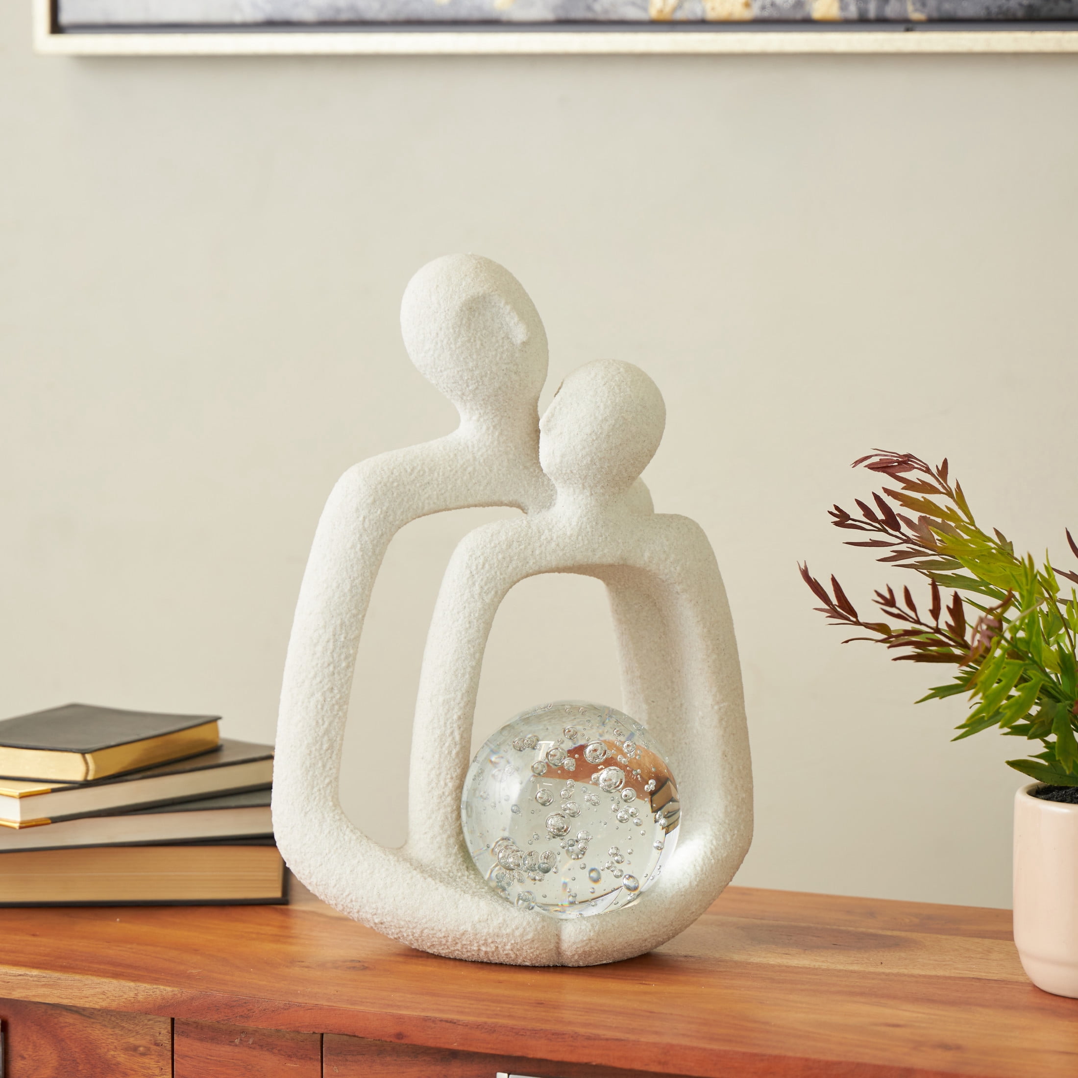 10" x 15" White Polystone Abstract Textured People Sculpture with Clear Glass Orb and Black Speckles, by DecMode