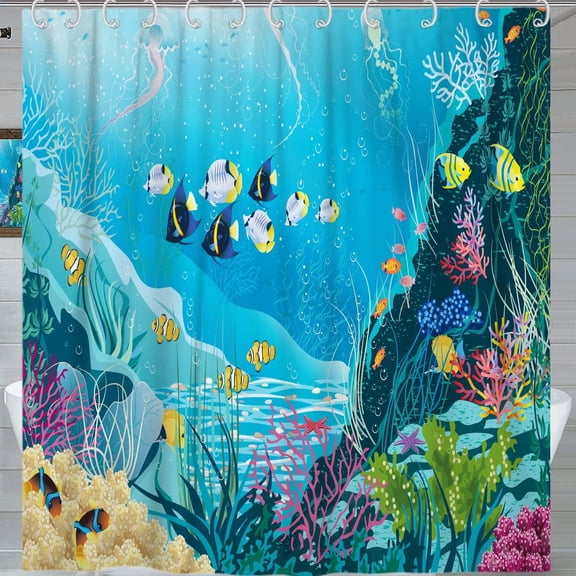 Tropical Fish Shower Curtain, Ocean Underwater World Jellyfish Colorful Coral Reef Summer Bathroom Curtain Waterproof Fabric Machine Washable with Hooks,72" Wx84 L