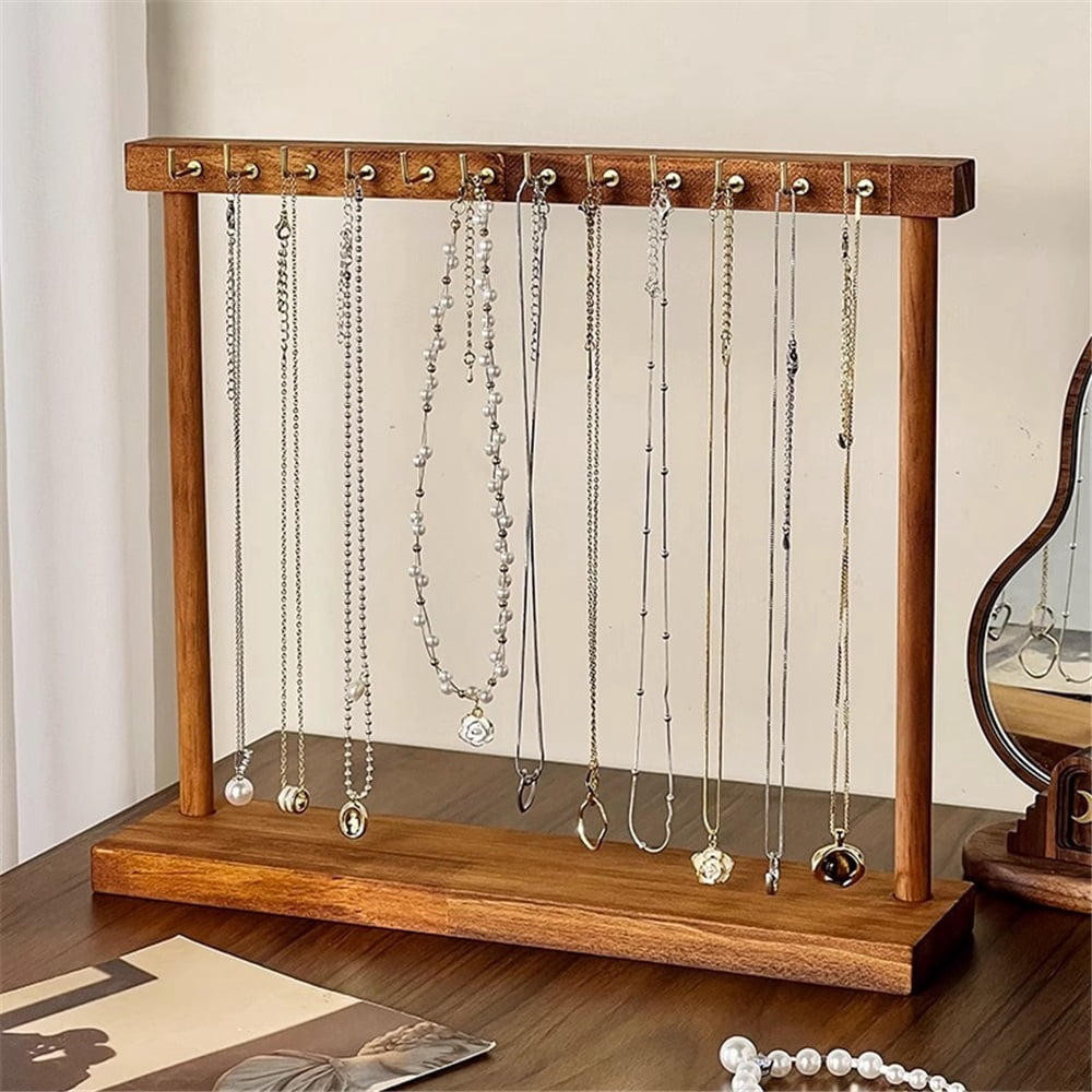 necklace hanger shelf with 12 copper bars, Wooden jewelry storage organizer rack for hanger necklace bracelet, necklace display stand for boutique store